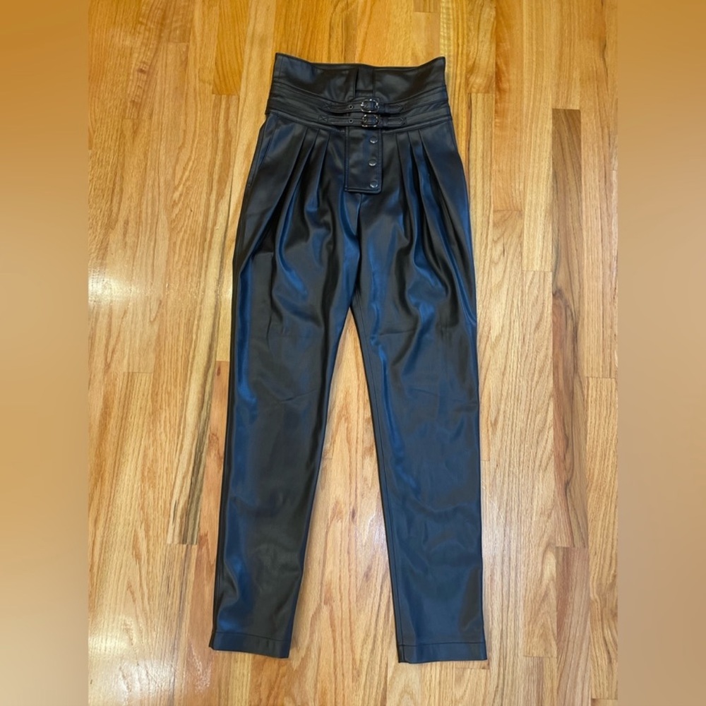 NovaLux Thea black vegan leather high waisted tapered leg moto pants